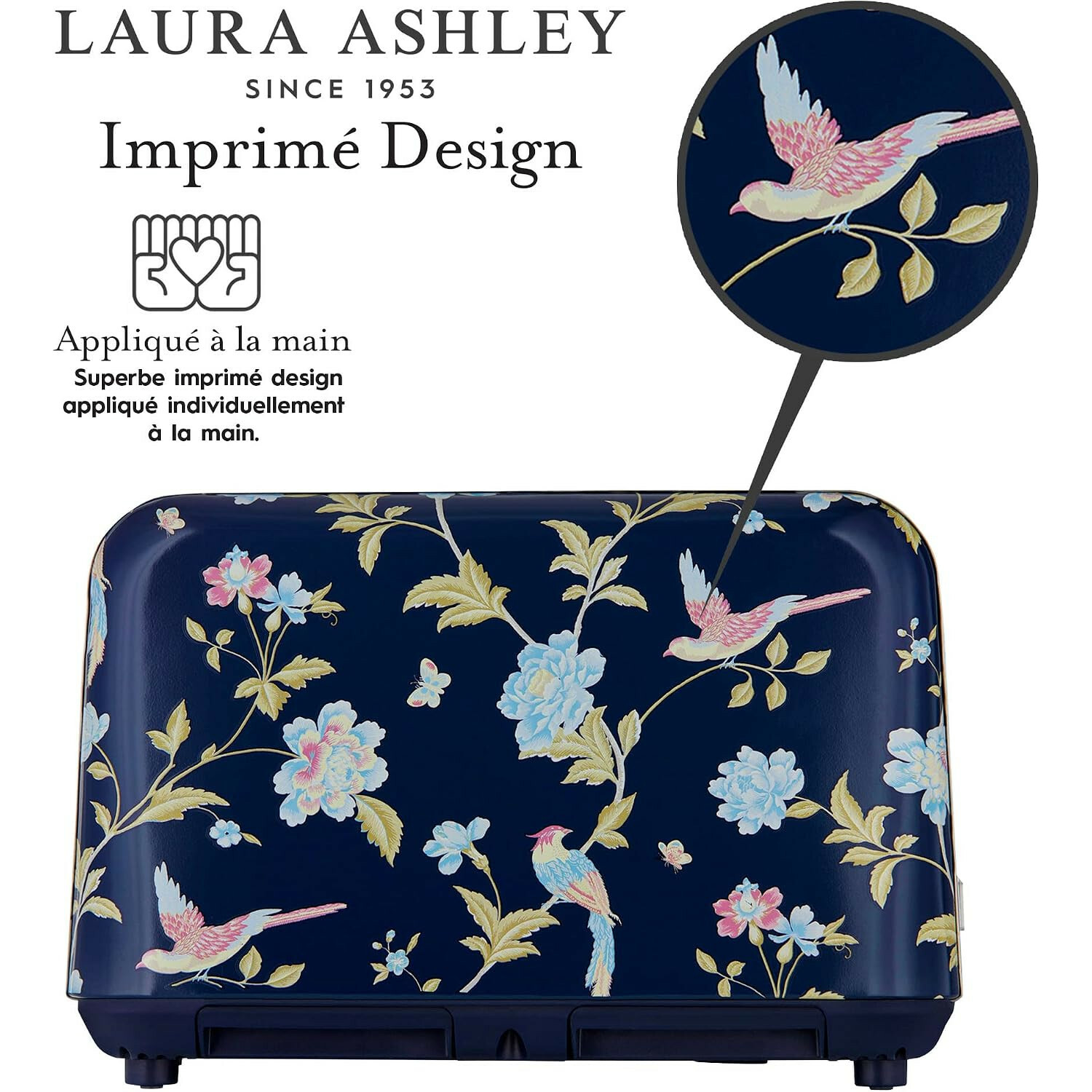 Laura Ashley Toaster in Dunkelblau mit floralem Vogel-Muster und Text.