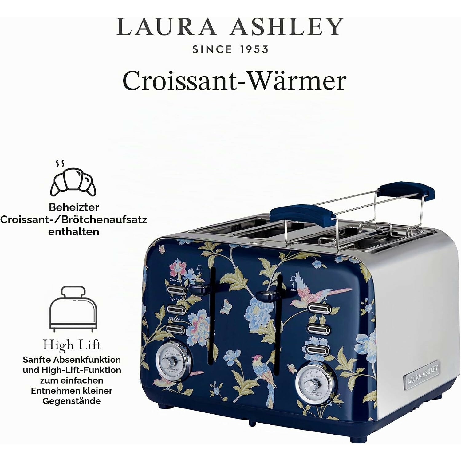 Laura Ashley 4-Scheiben-Toaster in Blau mit Blumenmuster, Edelstahl-Seiten und Brötchenaufsatz.