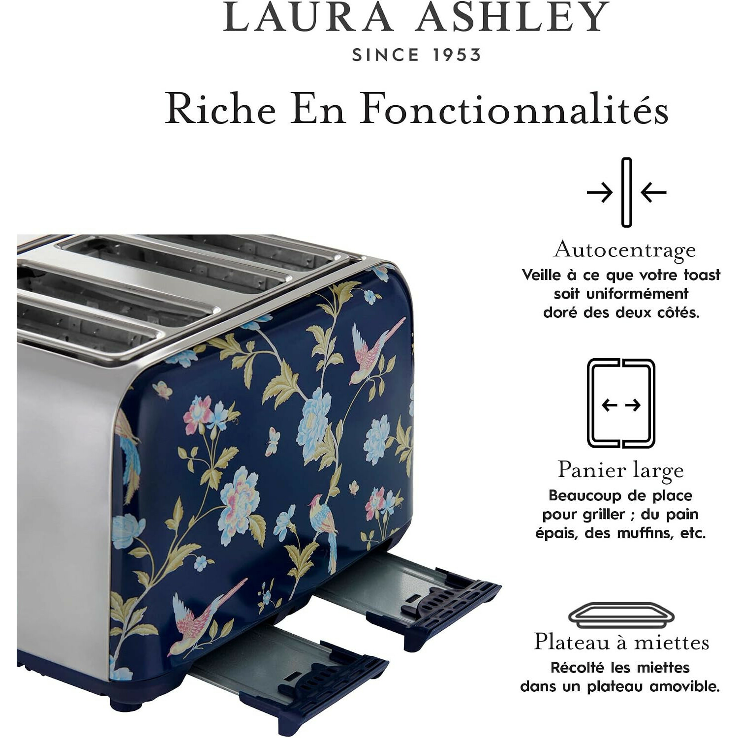 Blauer Laura Ashley Toaster mit Blumenmuster, ausgezogenen Krümelschubladen und französischem Text rechts.