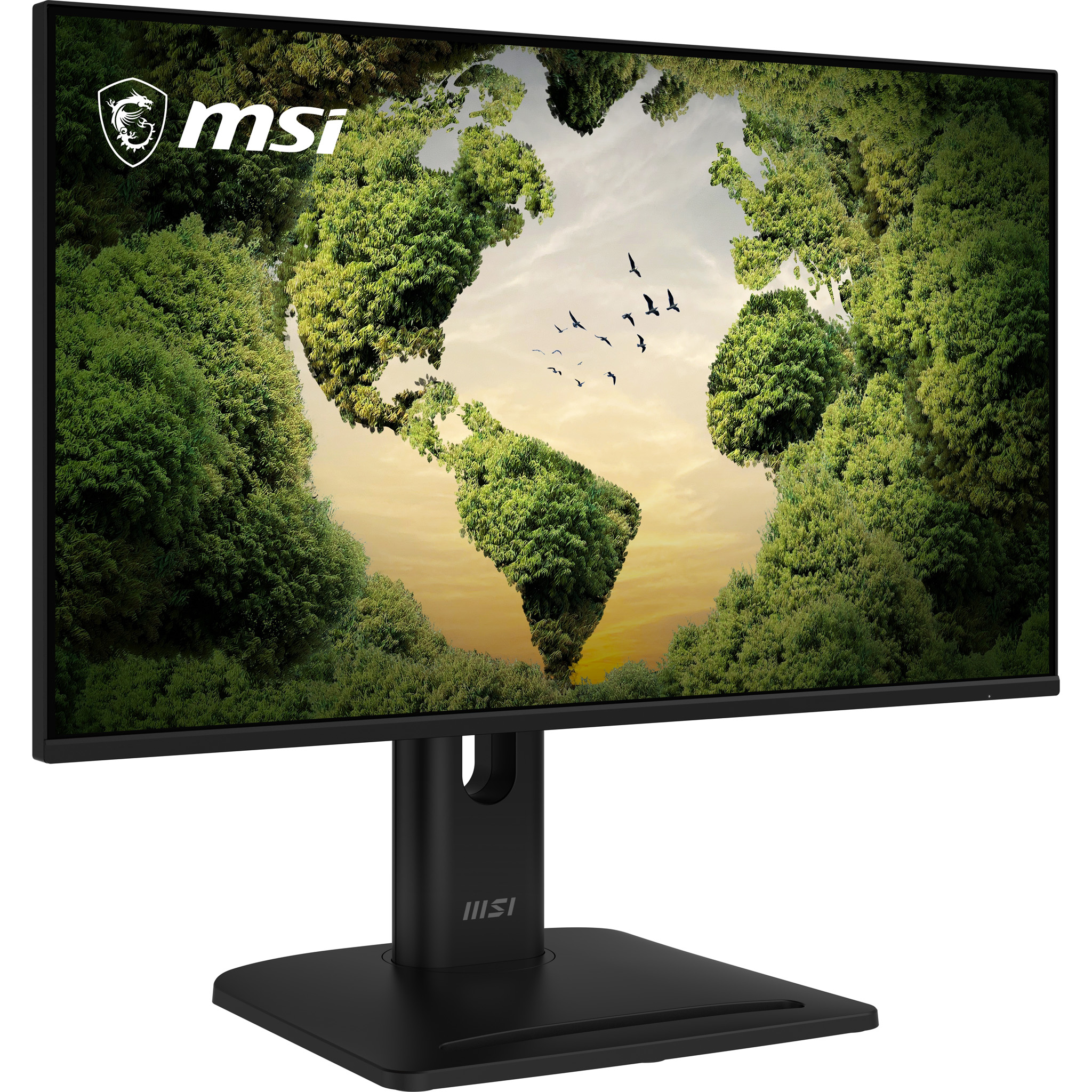 Un monitor MSI su supporto nero mostra alberi verdi che formano un planisfero.
