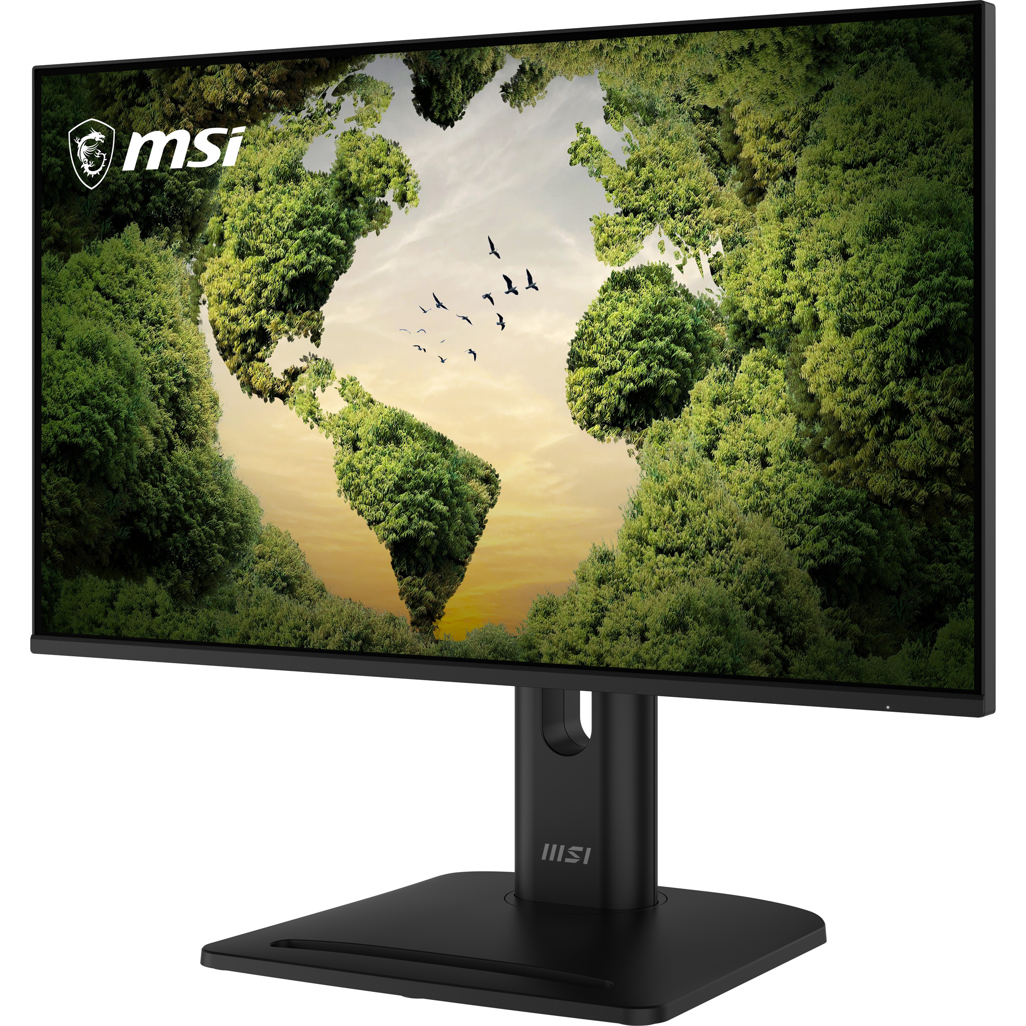 Un monitor MSI su supporto nero mostra una mappa del mondo verde fatta di alberi con uccelli.