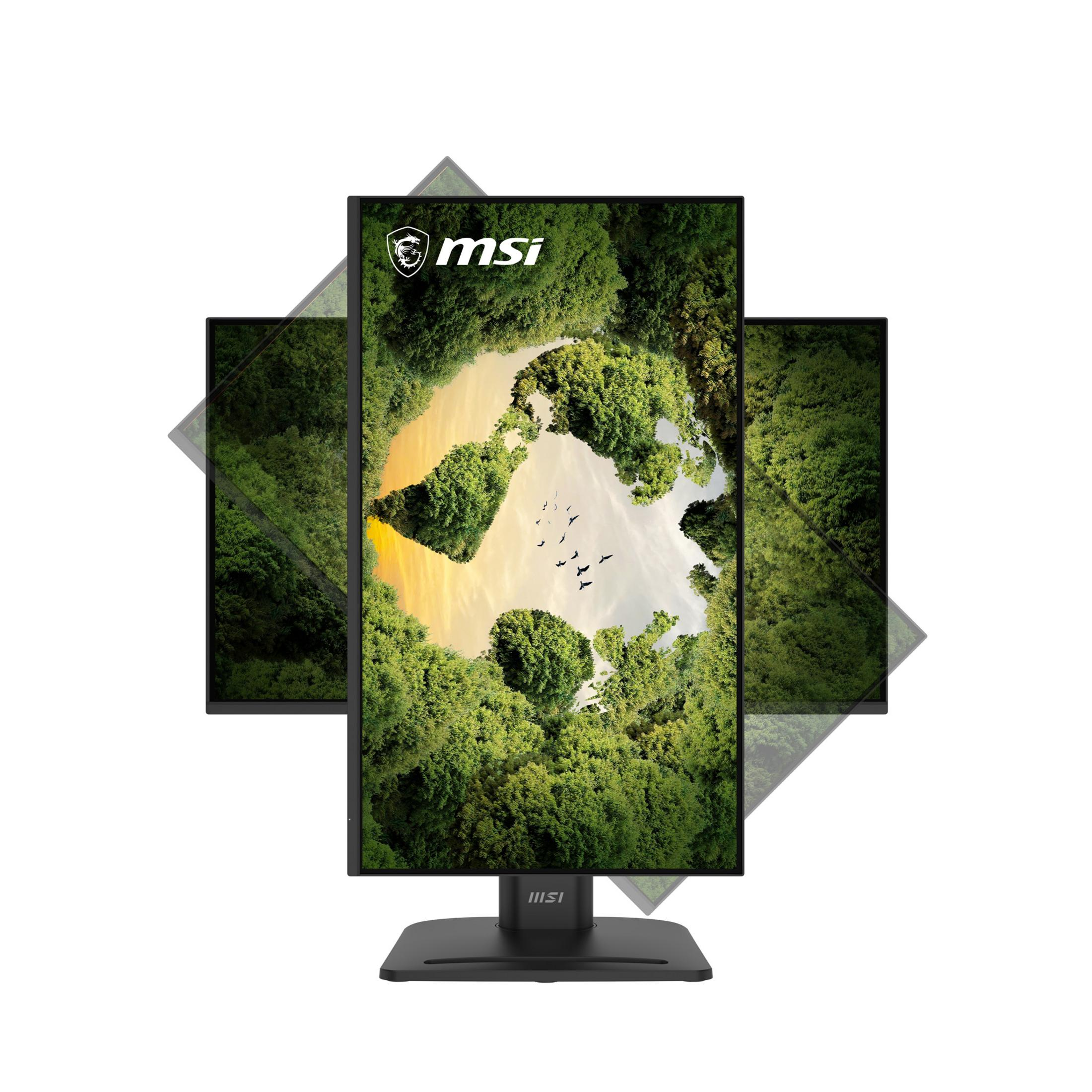 Monitor MSI mostrato in più posizioni ruotate su sfondo bianco.