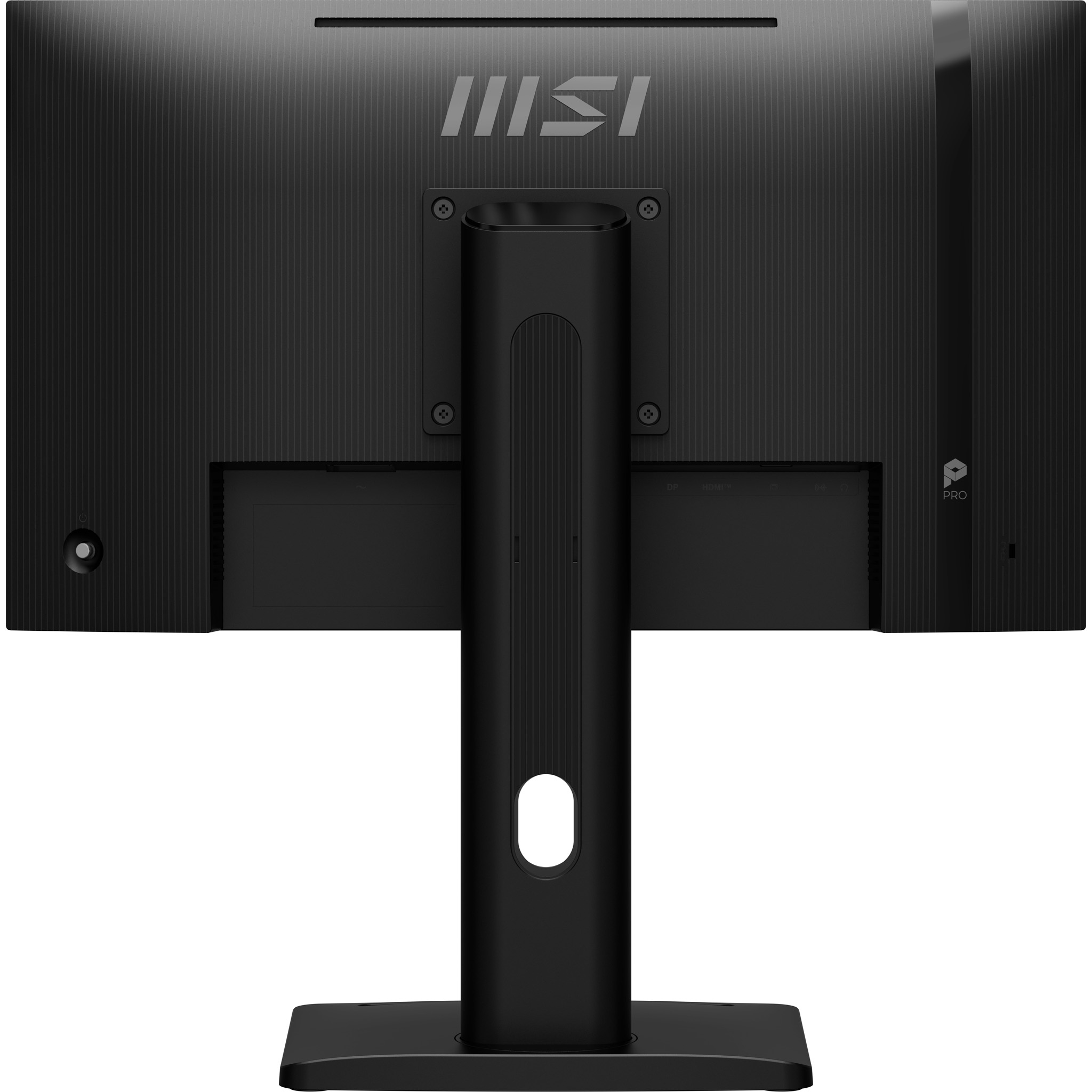 Vista posteriore di un monitor MSI Pro nero con supporto e foro integrato per i cavi.
