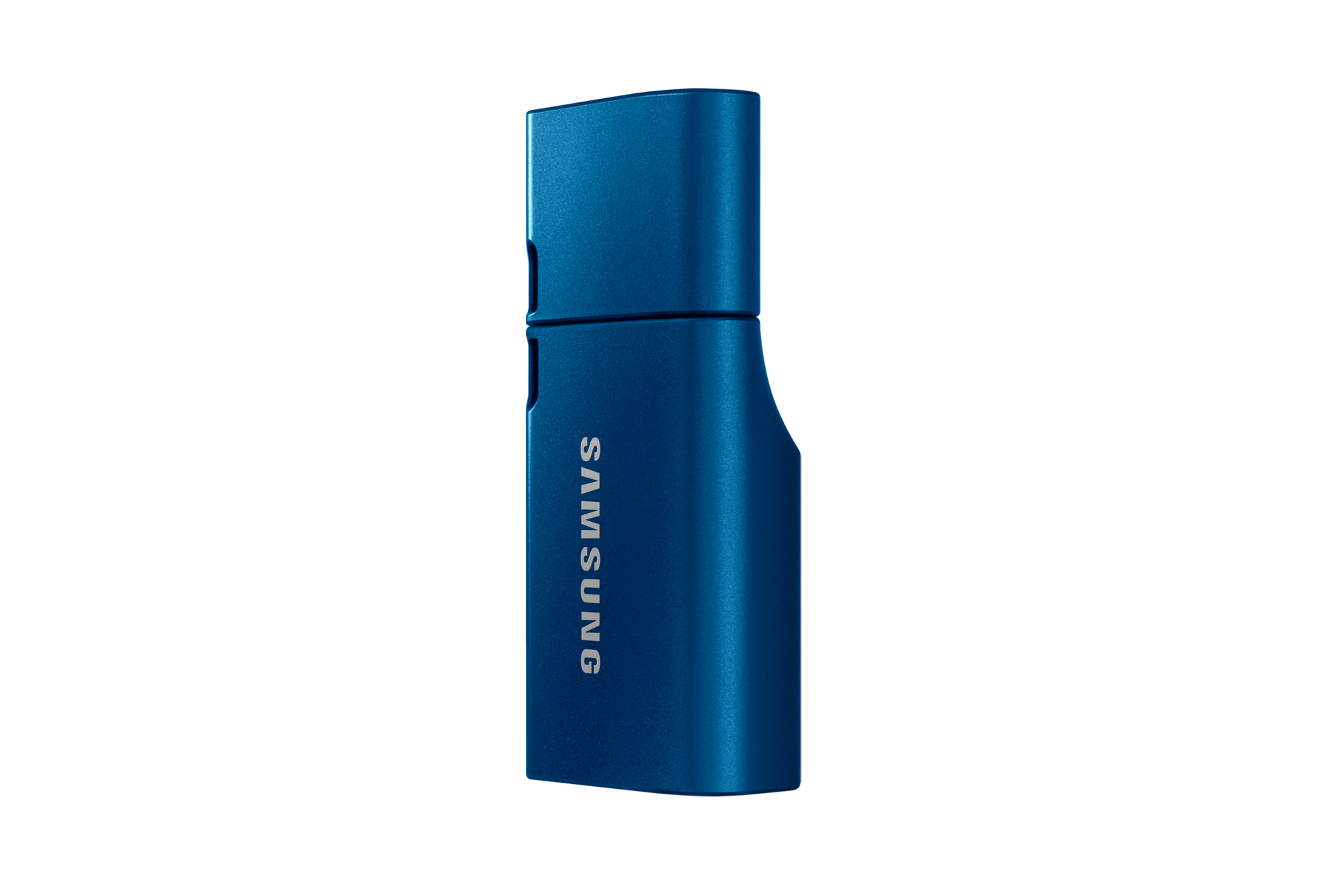 Niebieski pendrive Samsung stoi pionowo na czarnym tle.