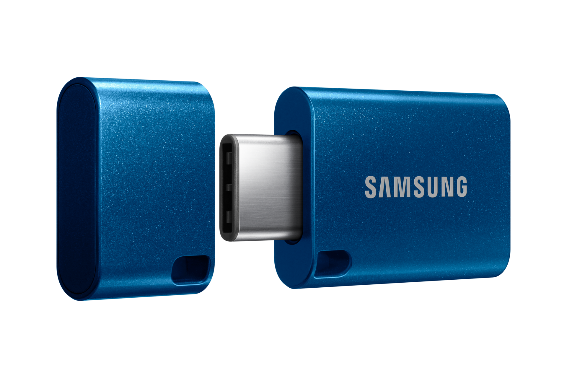 Niebieskie złącze USB-C Samsung z nasadką na czarnym tle.