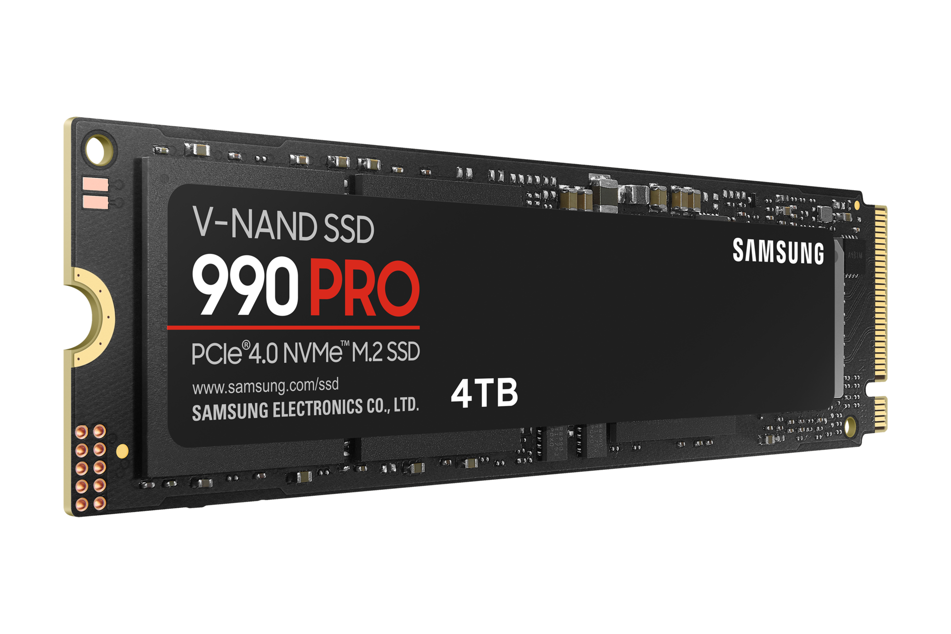 Samsung 990 PRO 4TB PCIe 4.0 NVMe M.2 SSD against a black background.