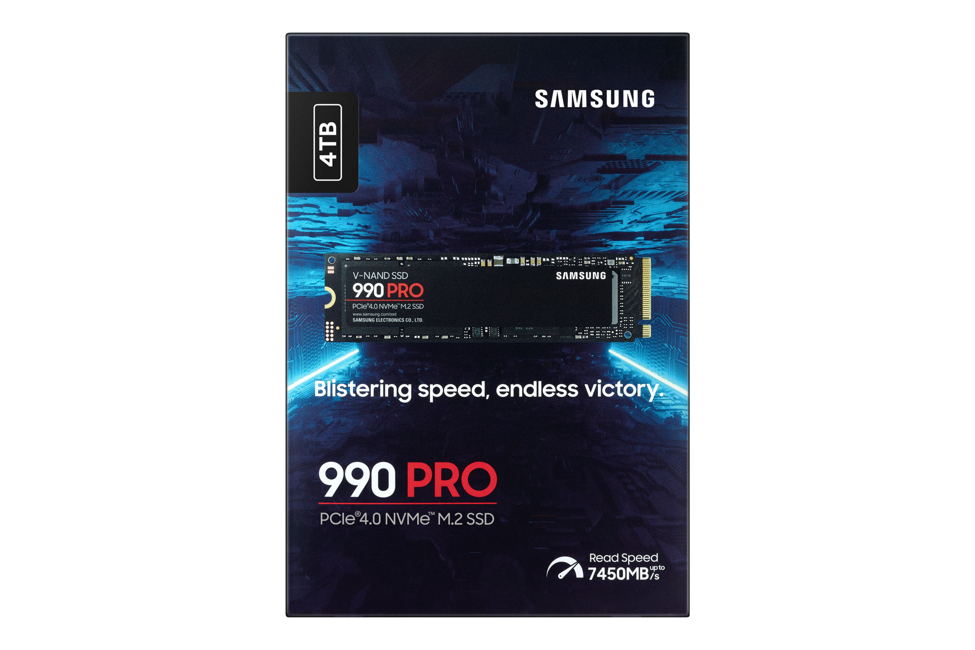 Samsung 990 Pro M.2 SSD box with blue cyberpunk aesthetic and text "Blistering speed, endless victory".