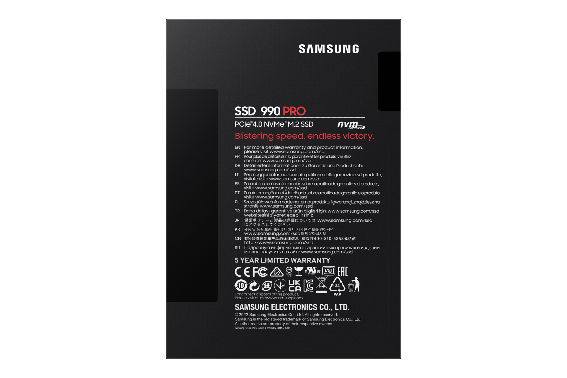 Back of a black Samsung SSD 990 PRO packaging with text and certification symbols.