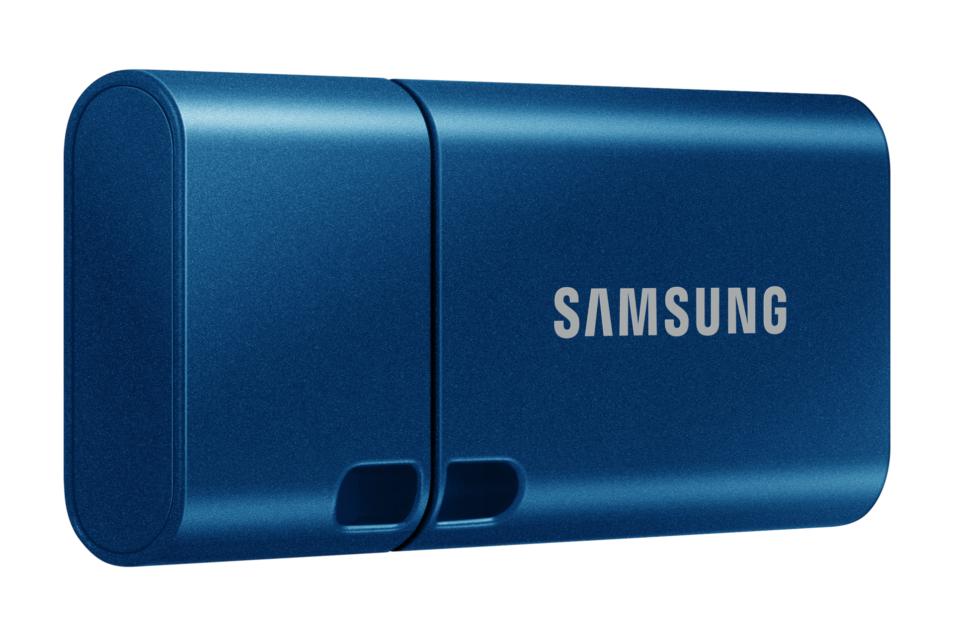 Una chiavetta USB Samsung blu con bordi arrotondati su sfondo nero.