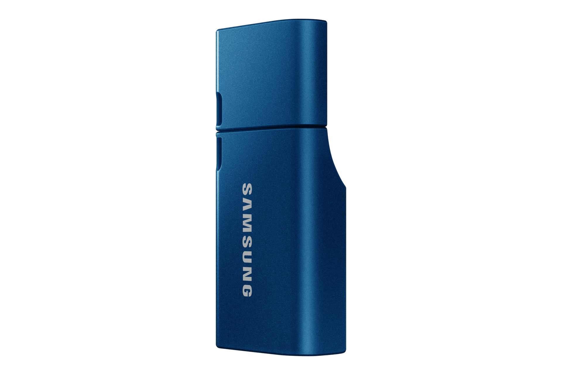 Una chiavetta USB Samsung blu è posizionata verticalmente su sfondo nero, con il marchio Samsung bianco.