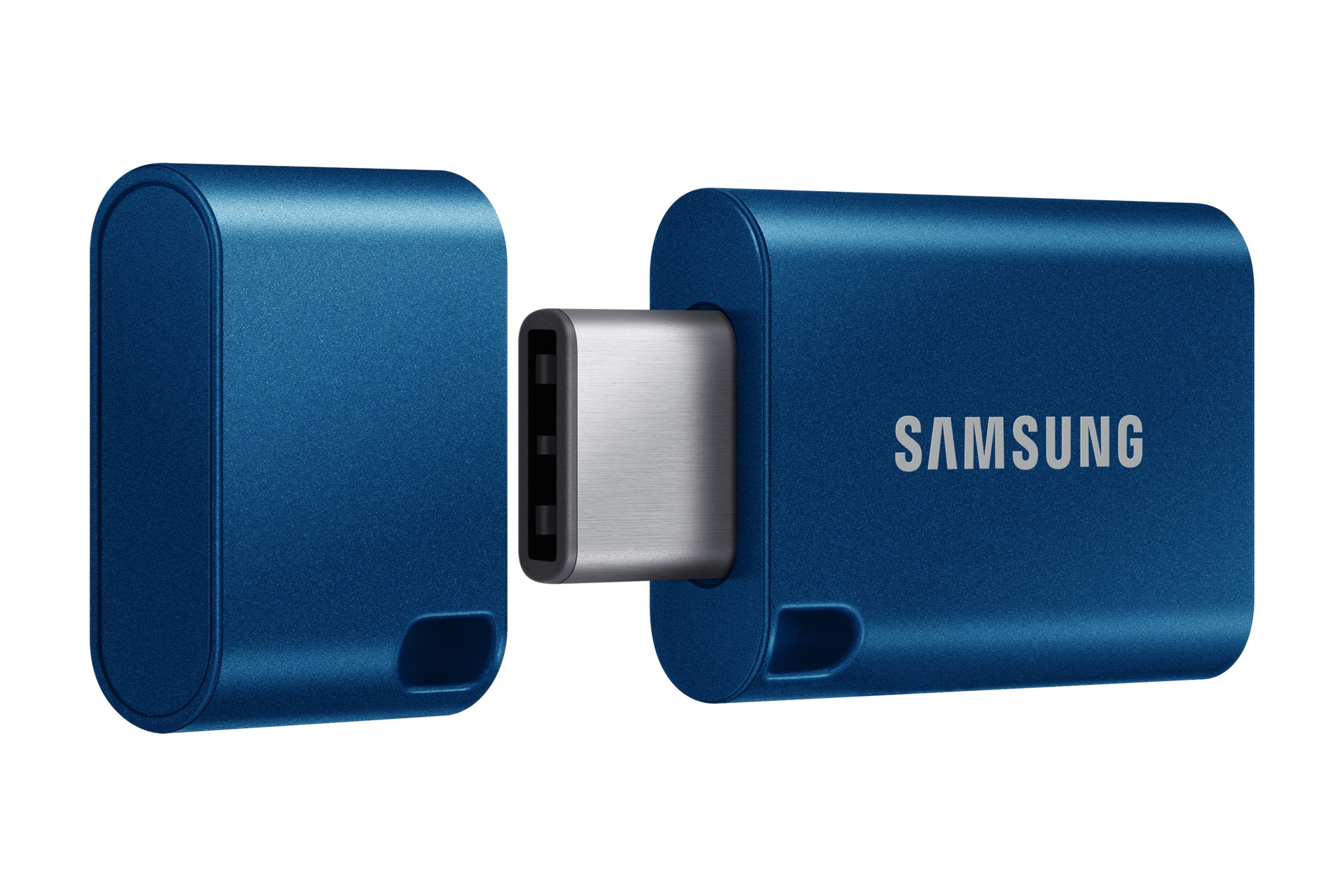 Un adattatore USB-C blu Samsung su uno sfondo nero.