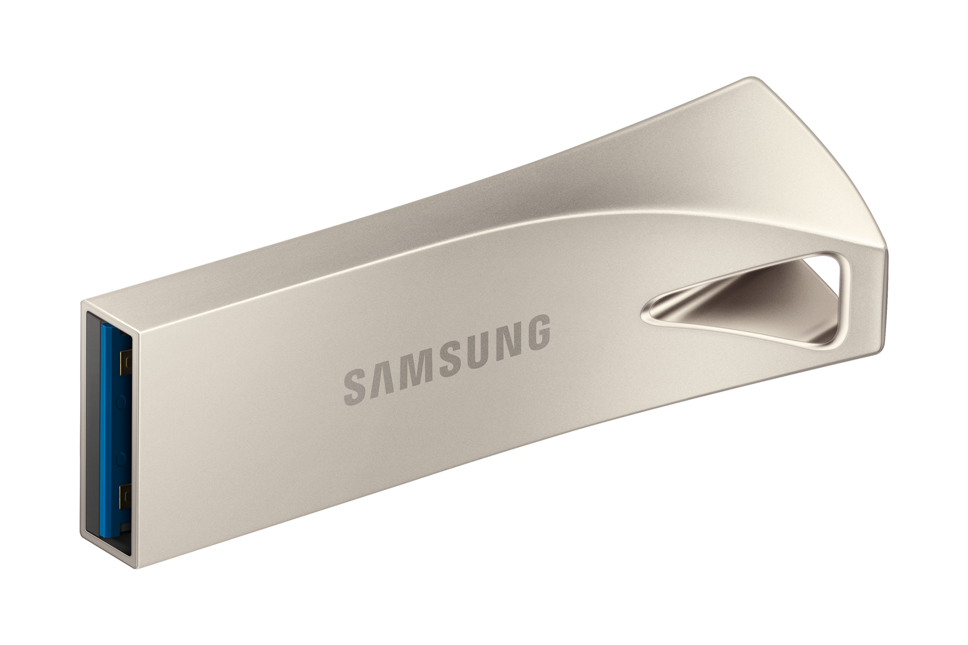 Ein silberner Samsung USB-Stick mit USB-Anschluss und einer Schlaufe am Ende vor schwarzem Hintergrund.