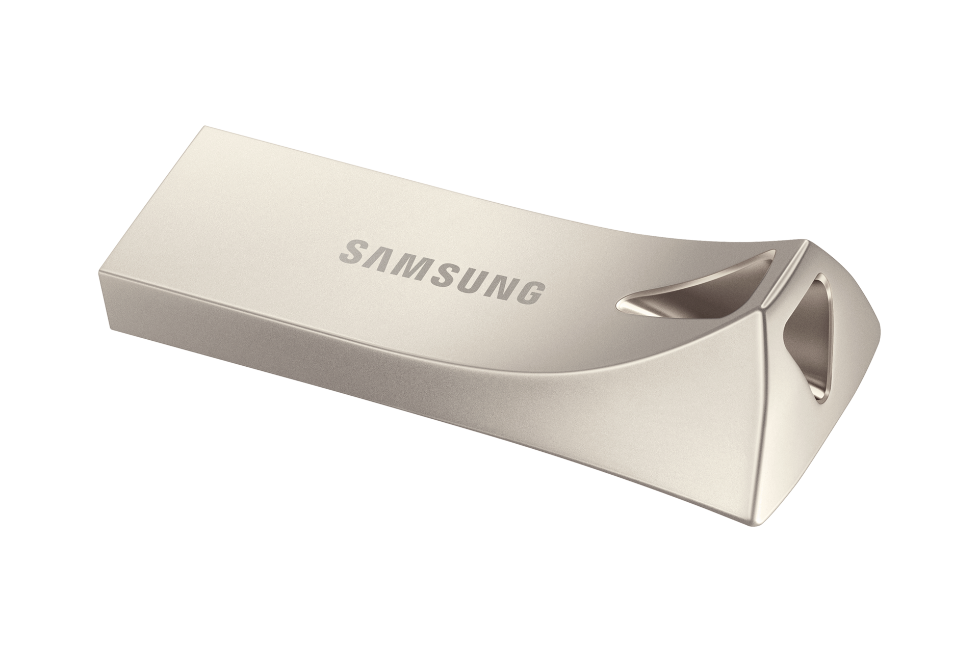 Ein silberner Samsung USB-Flash-Laufwerk liegt auf schwarzem Hintergrund.