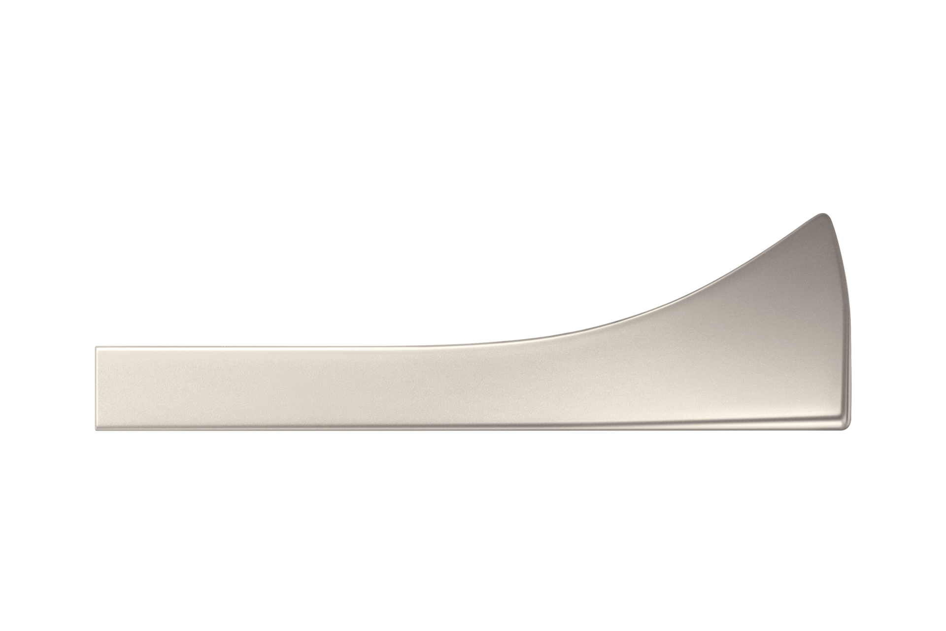 Ein eleganter Möbelgriff aus silbernem Metall mit asymmetrischem, geschwungenem Design vor schwarzem Hintergrund.