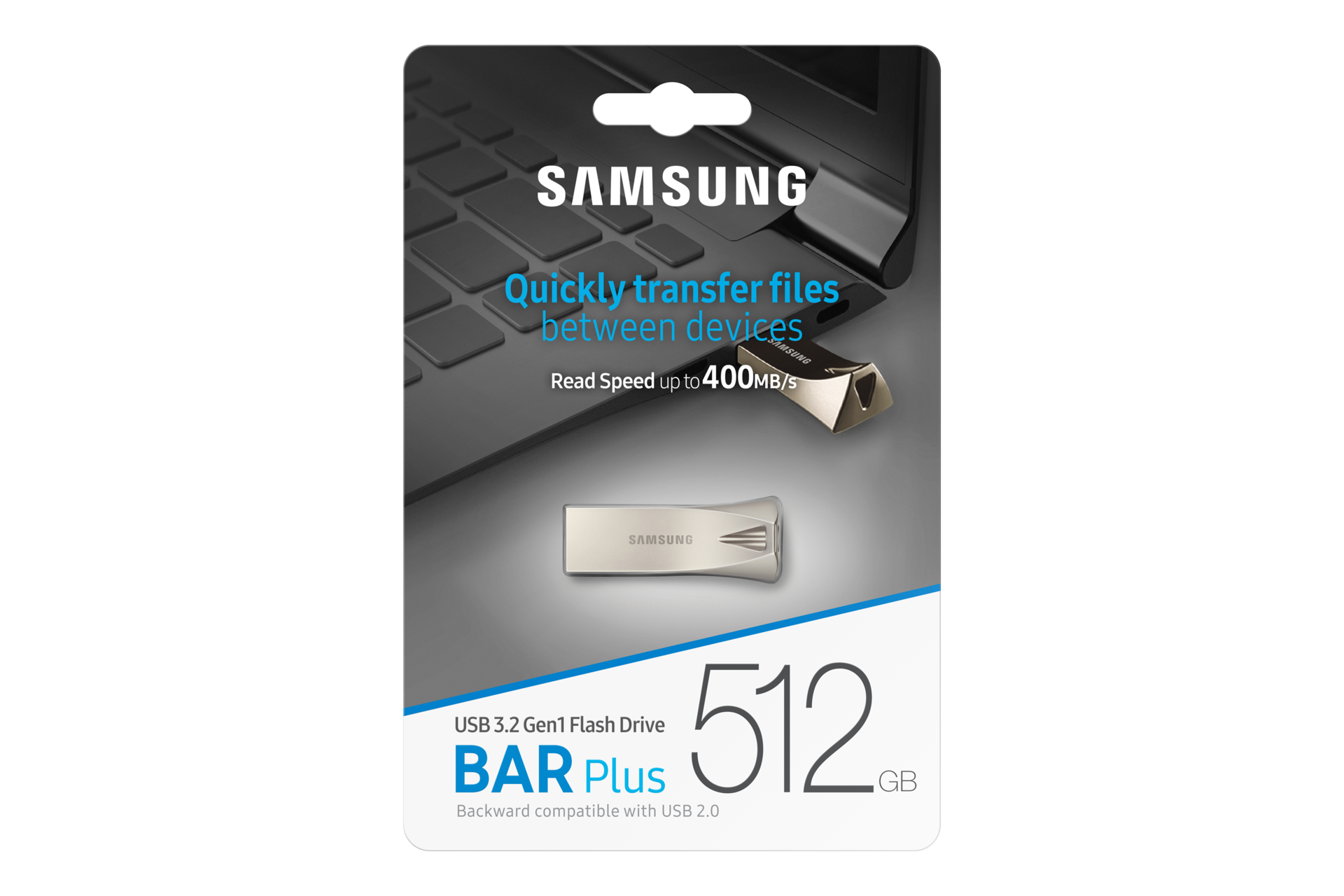 Confezione per una chiavetta USB Samsung Bar Plus da 512 GB collegata a un computer portatile.