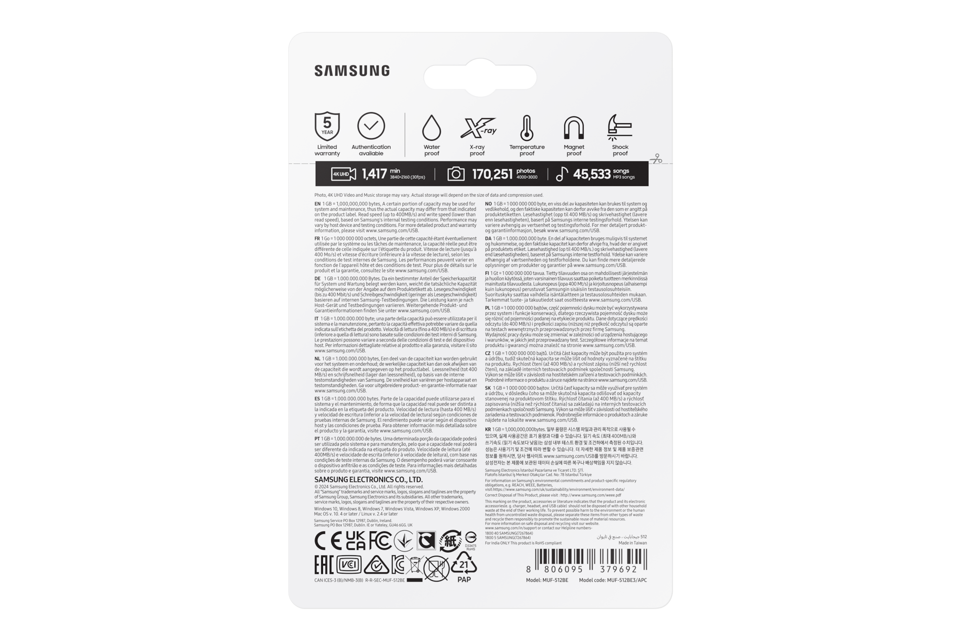 Retro di una confezione di scheda di memoria Samsung con dettagli.