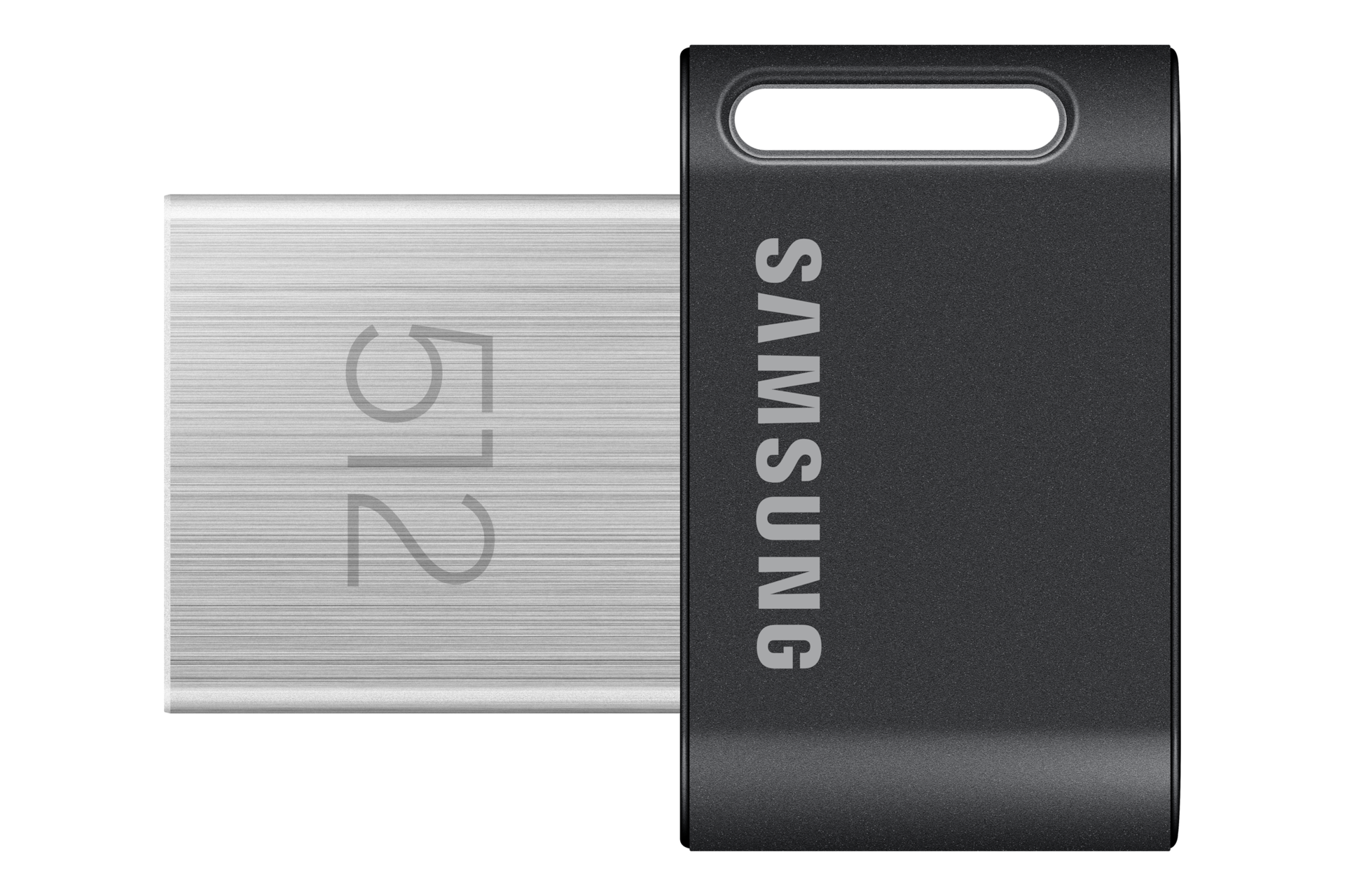 Ein schwarzer Samsung USB-C-Speicherstick mit der Aufschrift 512 auf der silbernen Kappe vor schwarzem Hintergrund.