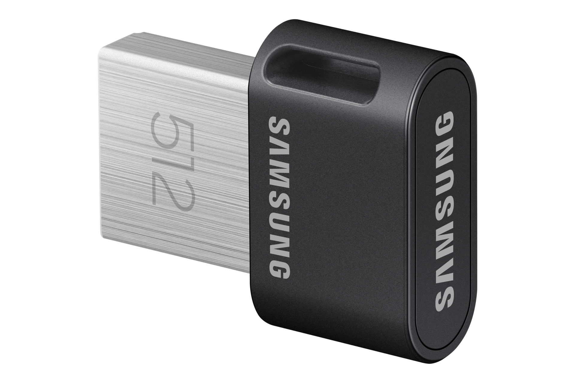 Ein schwarzer Samsung USB-C-Stick mit 512 GB Kapazität auf schwarzem Hintergrund.