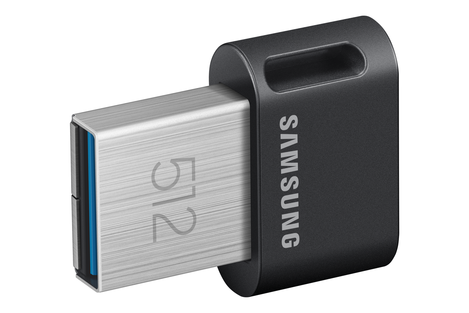 Ein schwarzer und silberner Samsung USB-Stick mit 512 GB Kapazität auf schwarzem Hintergrund.