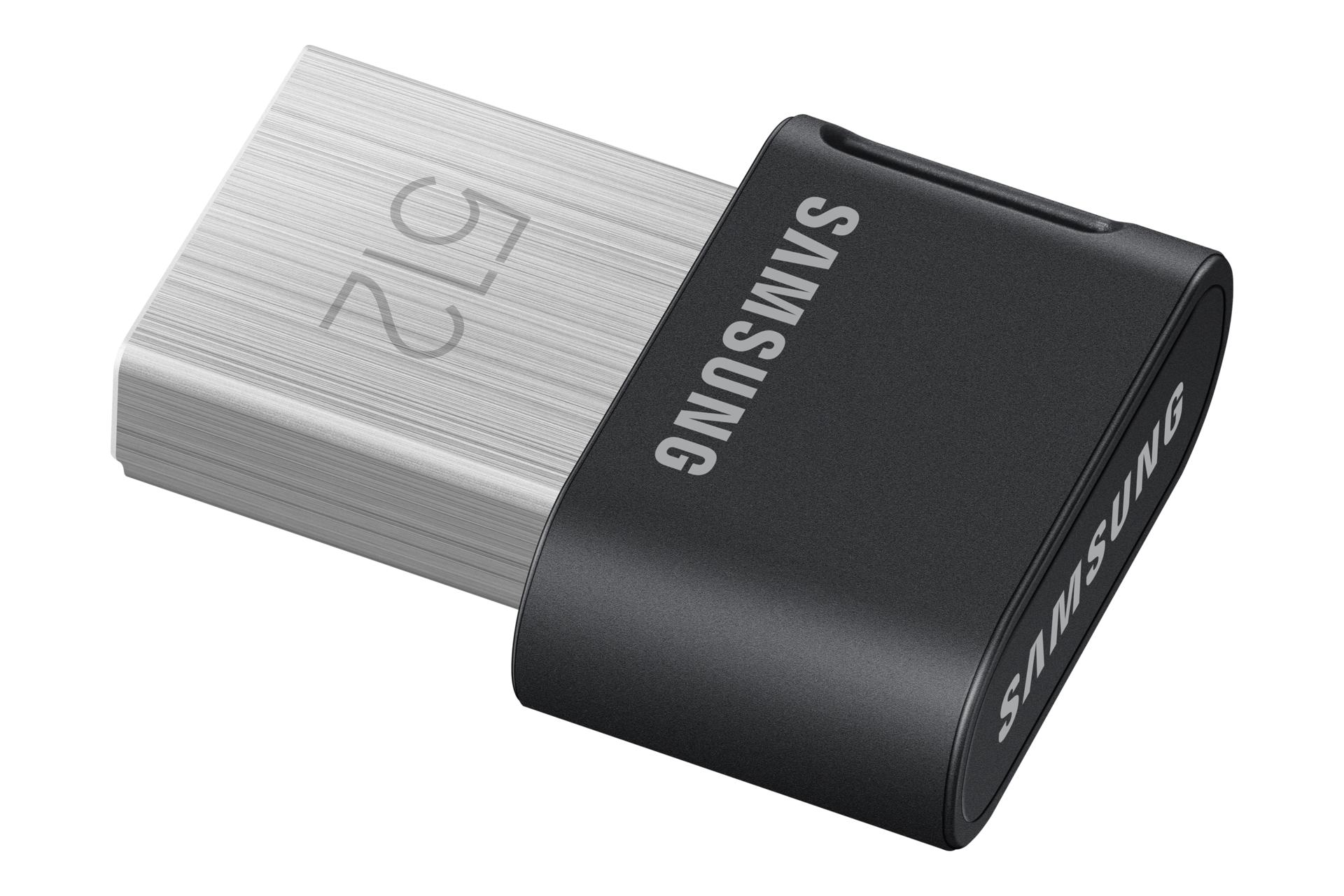 Ein silberner und schwarzer Samsung USB-Stick mit der Aufschrift 512 auf einem schwarzen Hintergrund.