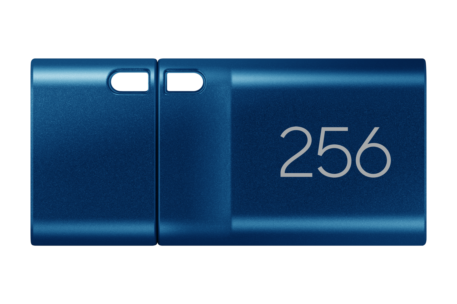 Una chiavetta USB blu con cappuccio rimovibile mostra il numero 256 in carattere sans-serif argento.