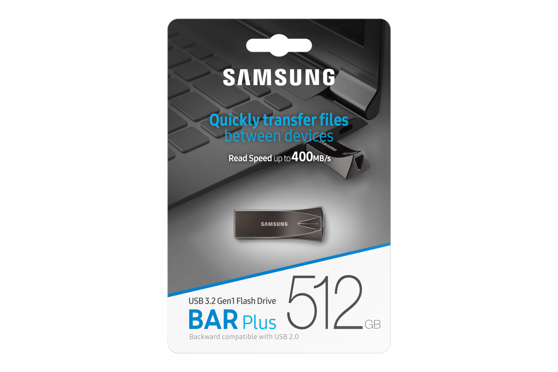 Chiavetta USB Samsung Bar Plus da 512 GB in confezione, con sfondo laptop.