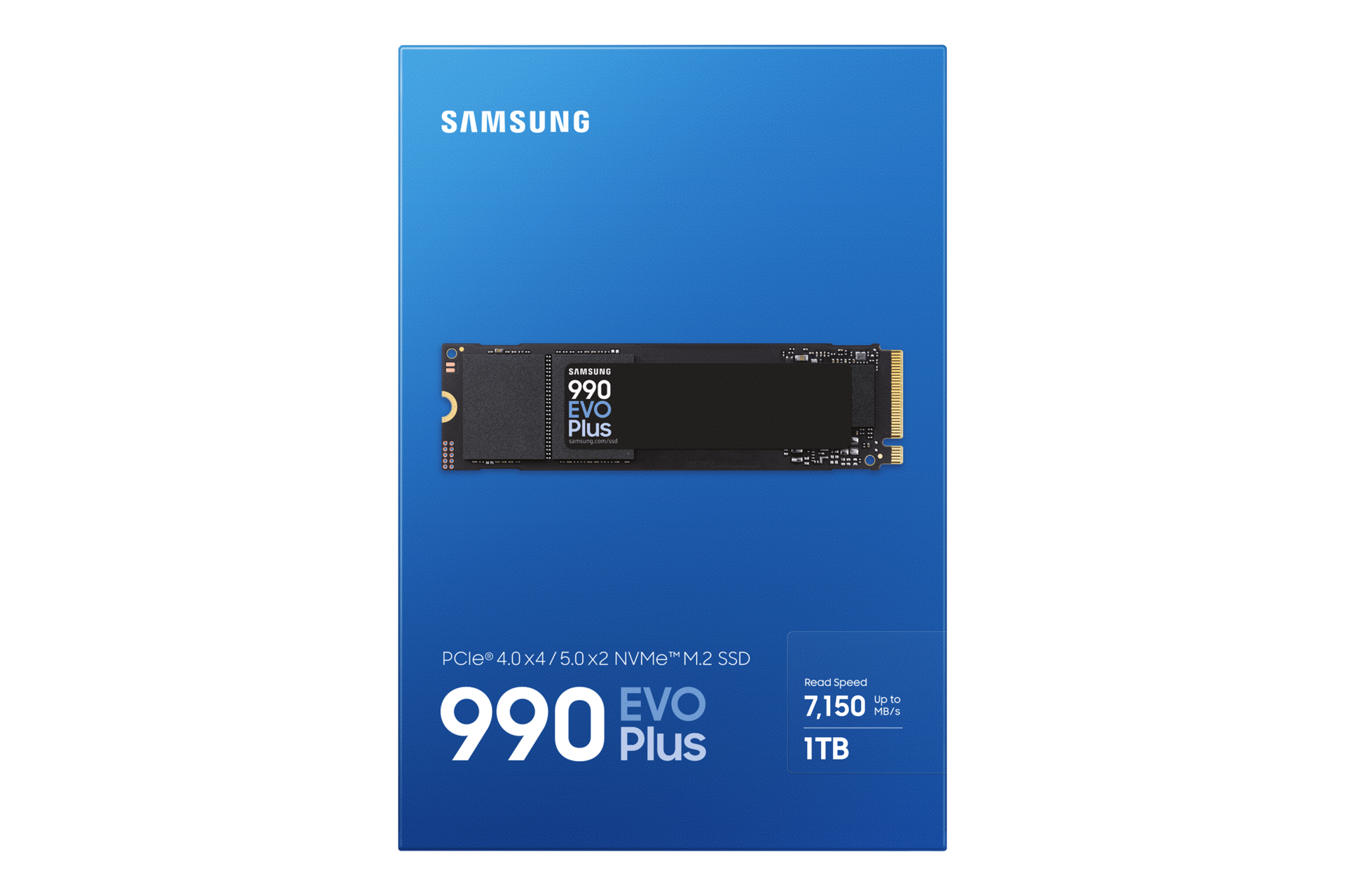 Blaue Samsung 990 EVO Plus M.2 SSD Produktverpackung mit der Aufschrift 1TB.