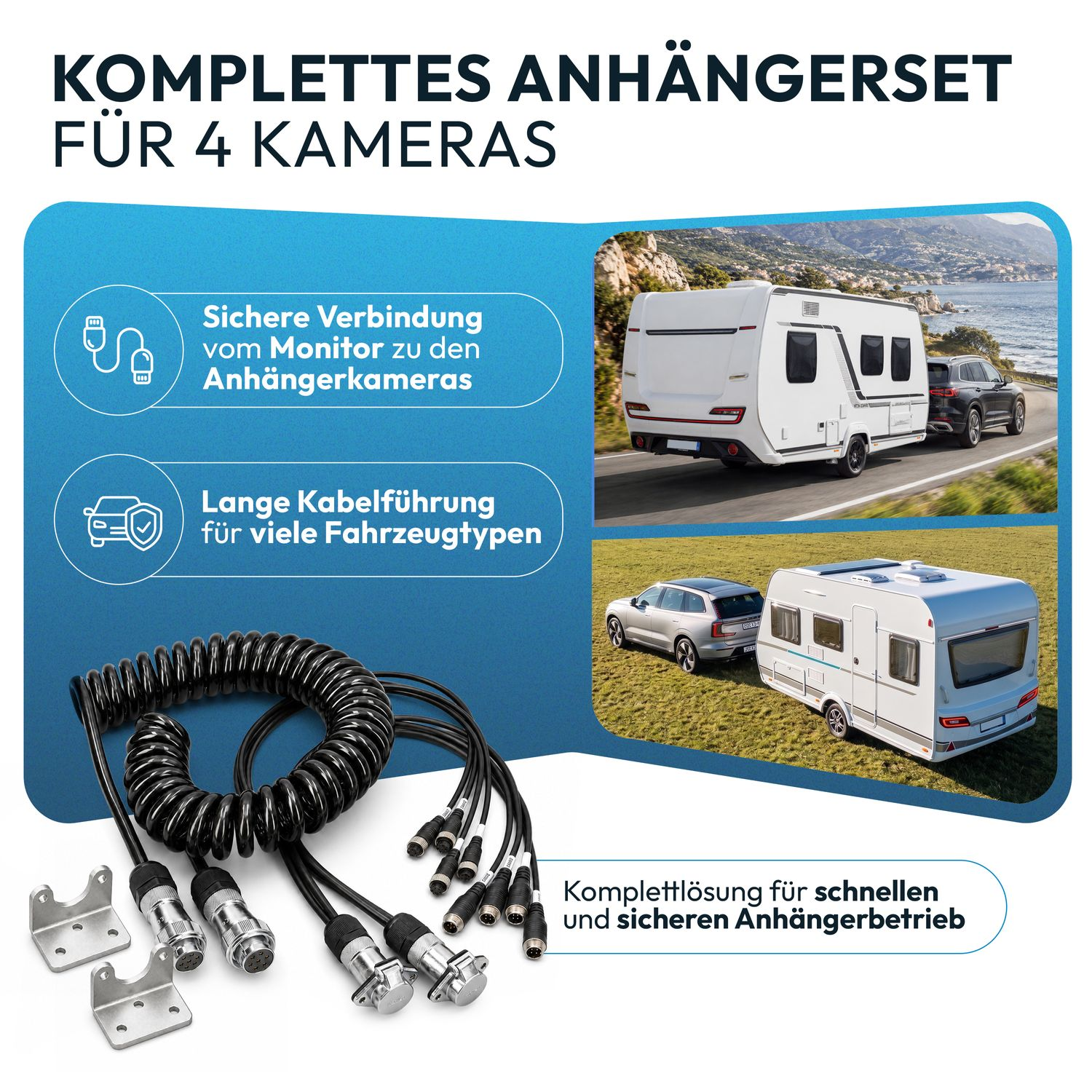 Komplettes Anhängerset für vier Kameras mit Spiralkabel, Steckern und Montagehalterungen für Wohnwagen.