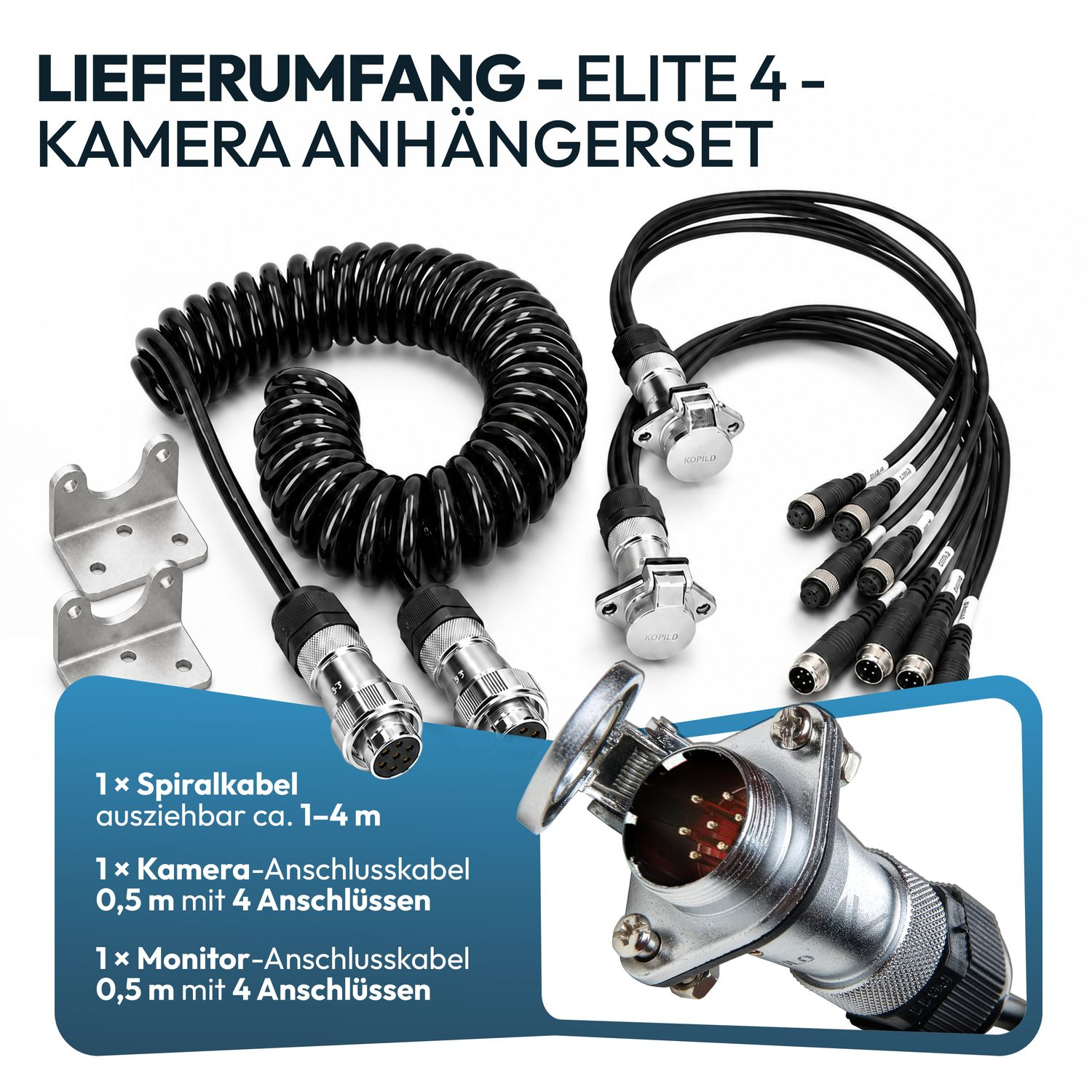 Ein Spiralkabel, Metallhalterungen, Anschlusskabel und die Nahaufnahme eines Steckers vor weißem Hintergrund.