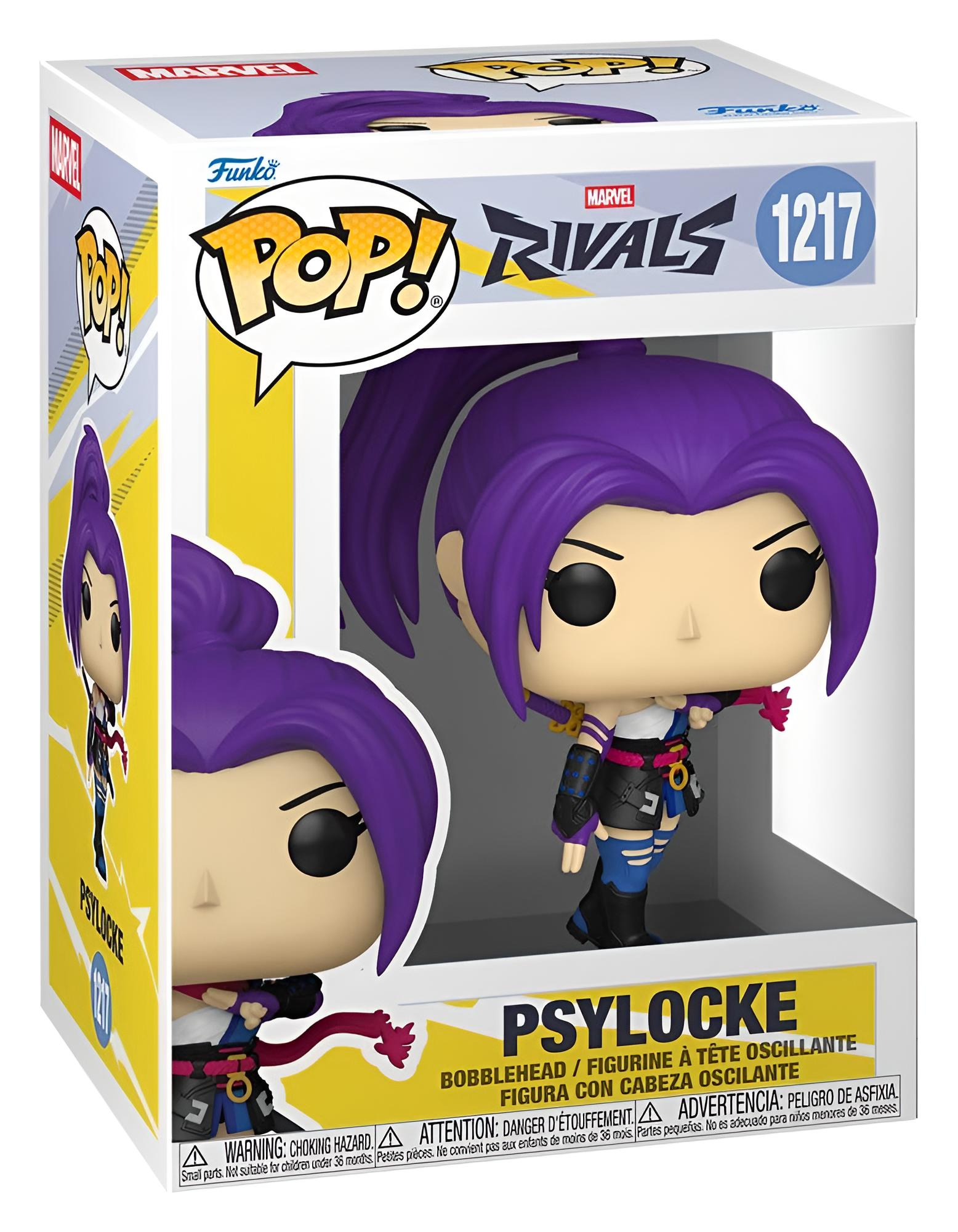 Marvel Rivals Psylocke Funko Pop Figurine in ihrer Produktverpackung.