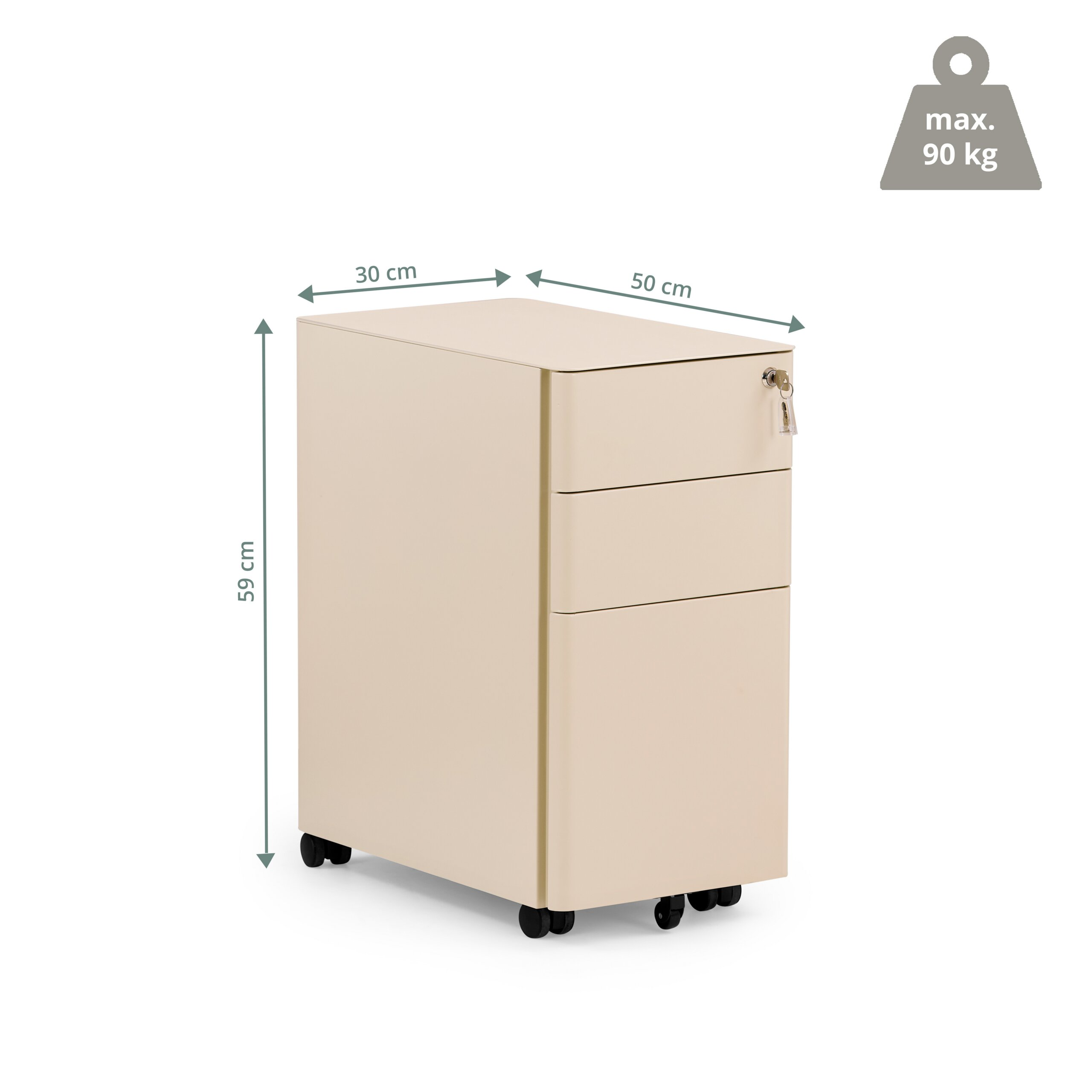 Beige Aktenbox mit drei Schubladen, Rollen und Maßen von 30x50x59 cm.