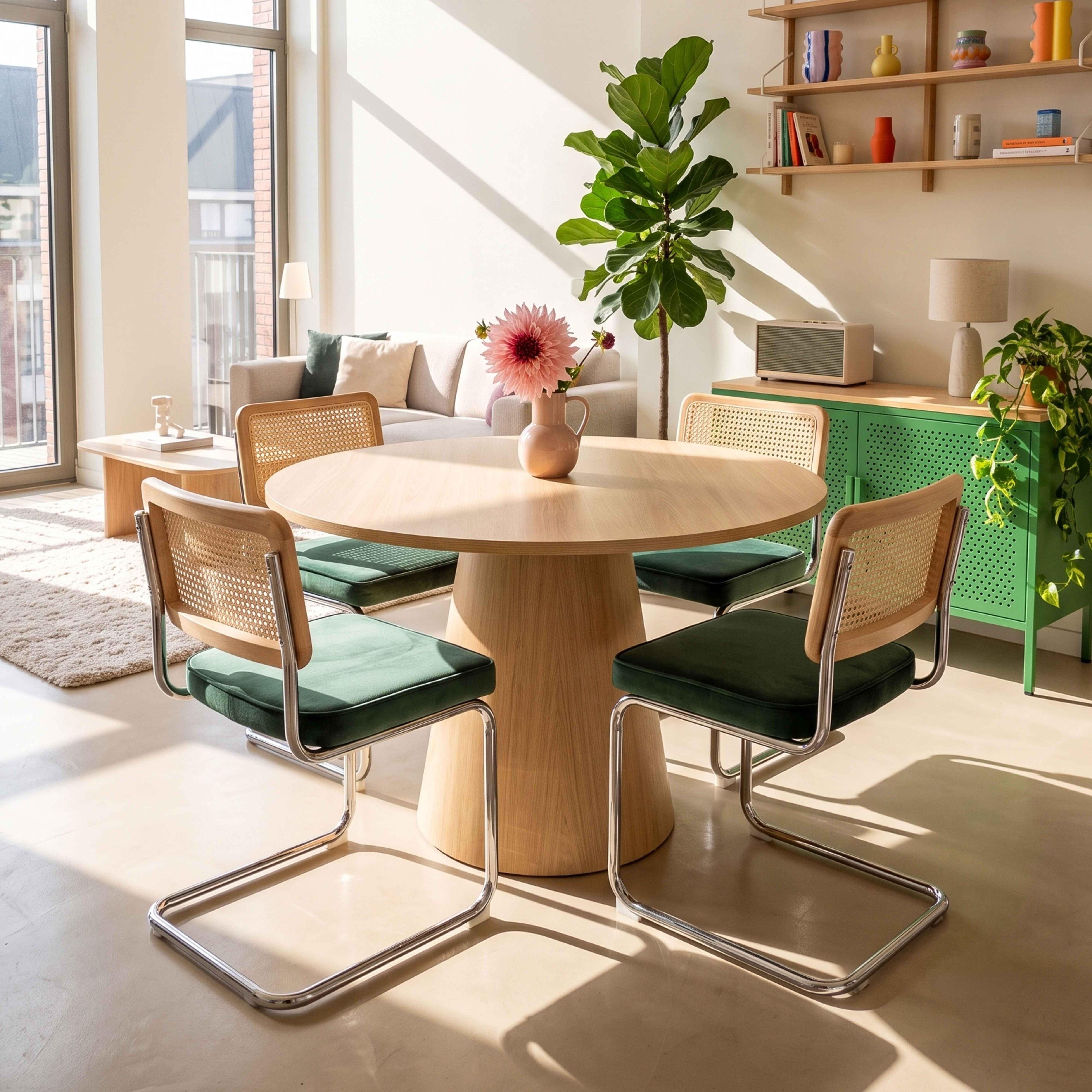 Ein runder Holztisch mit vier grünen Stühlen in einem sonnigen, modernen Esszimmer.
