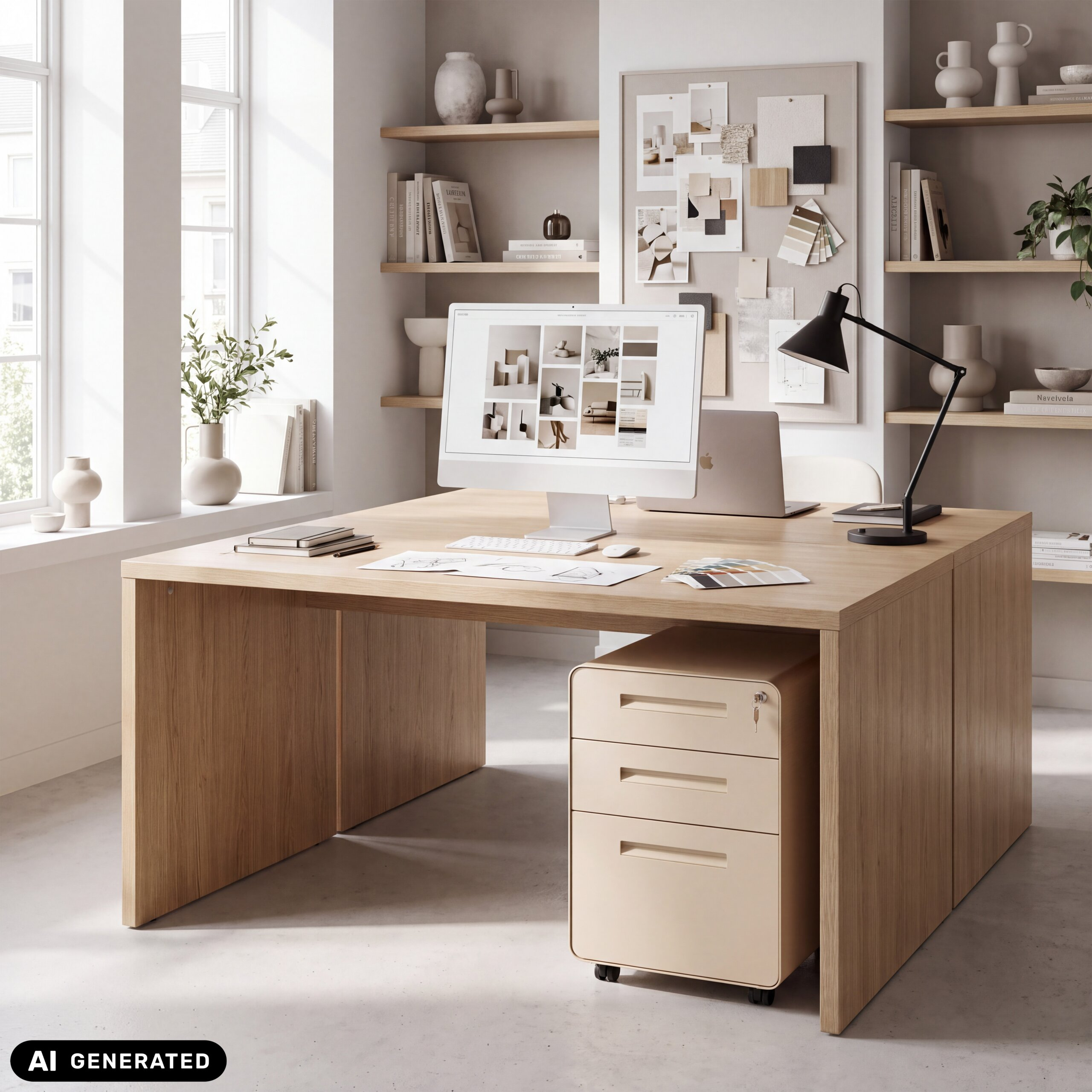 Ein heller Arbeitsbereich mit Holztisch, Computer, Schreibtischlampe, Beistellschrank und Regalen mit Dekor.