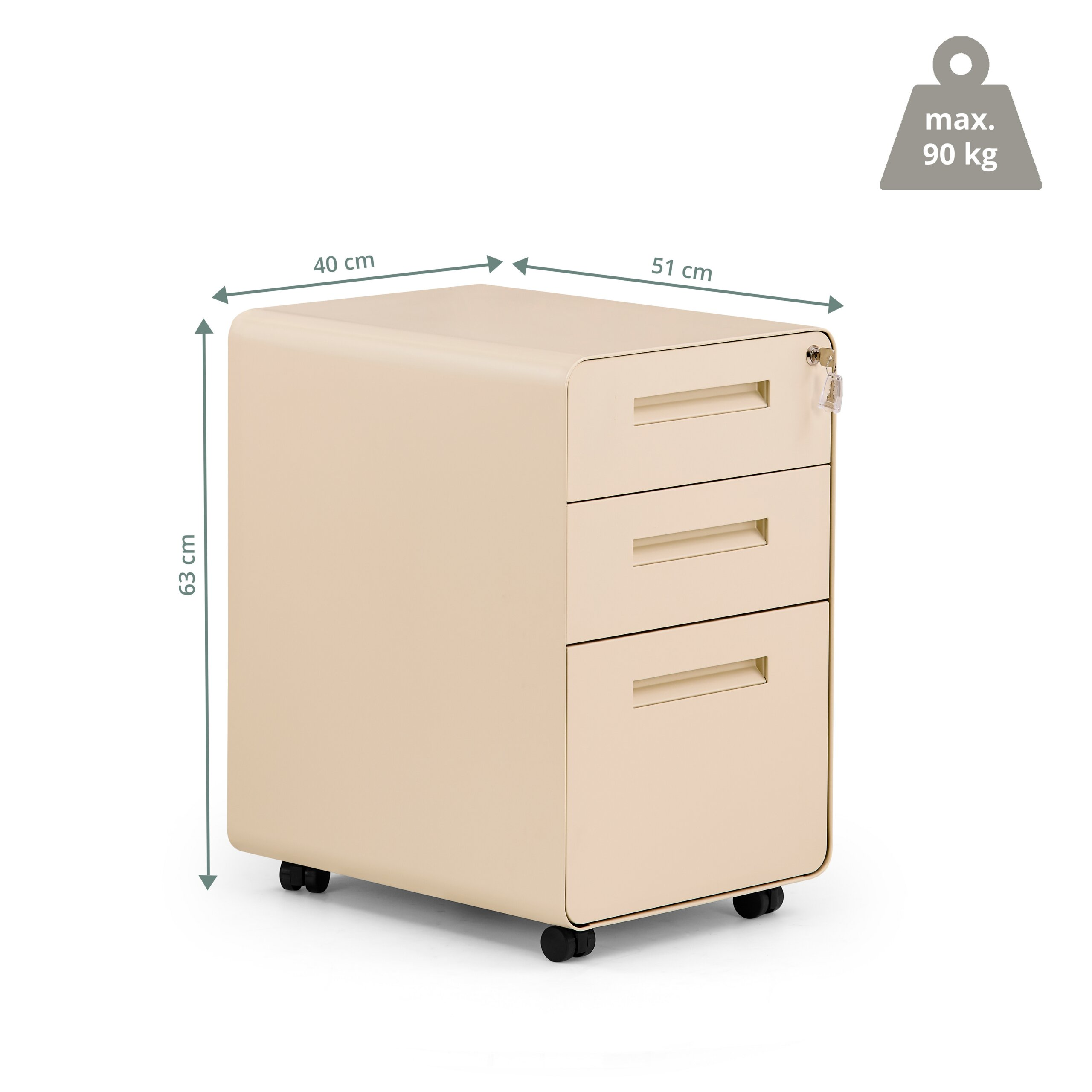 Beige Aktenbox mit drei Schubladen, Rollen und Maßen von 40x51x63 cm. Max. 90 kg.