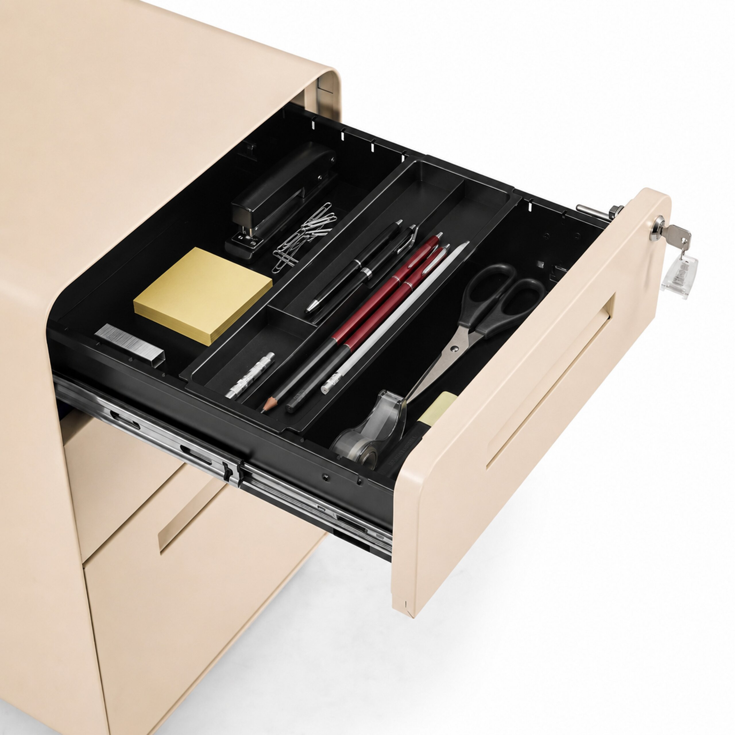 Eine geöffnete beige Schreibtischschublade mit Büroartikeln wie Stiften, Schere und Haftnotizen.