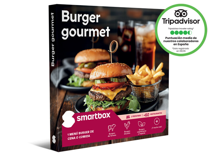Caja regalo Smartbox para Burger Gourmet con hamburguesas, patatas fritas y bebidas sobre mesa de madera.