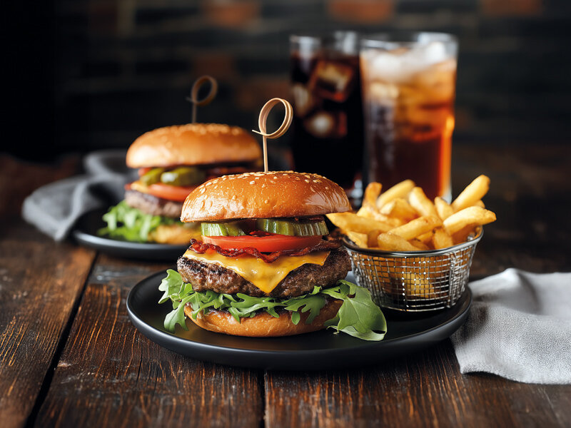 Dos hamburguesas gourmet con queso, tocino y verduras en platos negros, con papas fritas y dos bebidas.