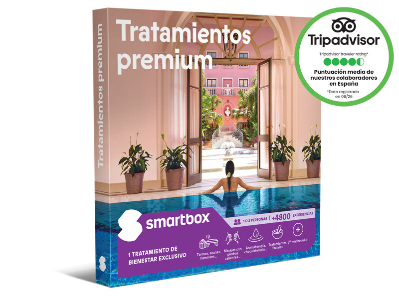 Caja de regalo Smartbox para tratamientos de bienestar con una mujer en una piscina y un hotel rosa.
