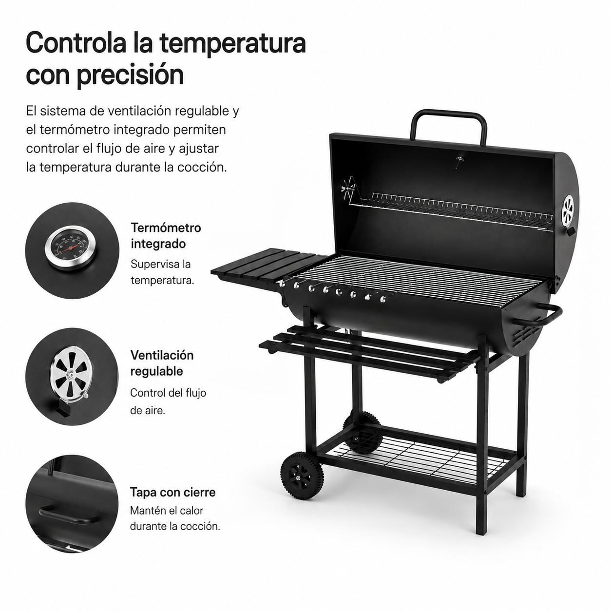 Barbacoa negra con tapa abierta, termómetro integrado, balda lateral y ruedas.