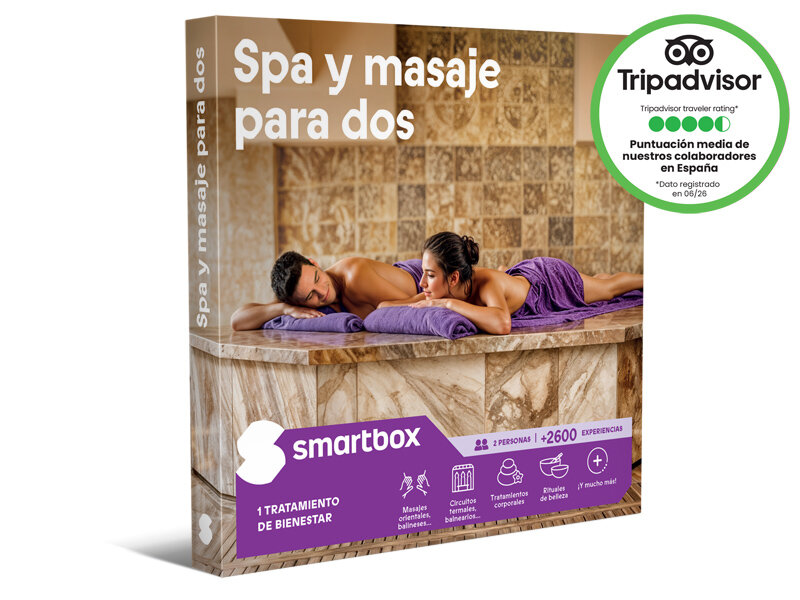 Caja regalo Smartbox de spa y masaje para dos personas con logotipo de TripAdvisor.