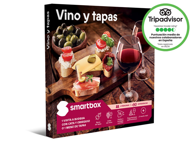 Caja Smartbox titulada Vino y tapas, mostrando varias tapas y vino tinto sobre fondo de madera.