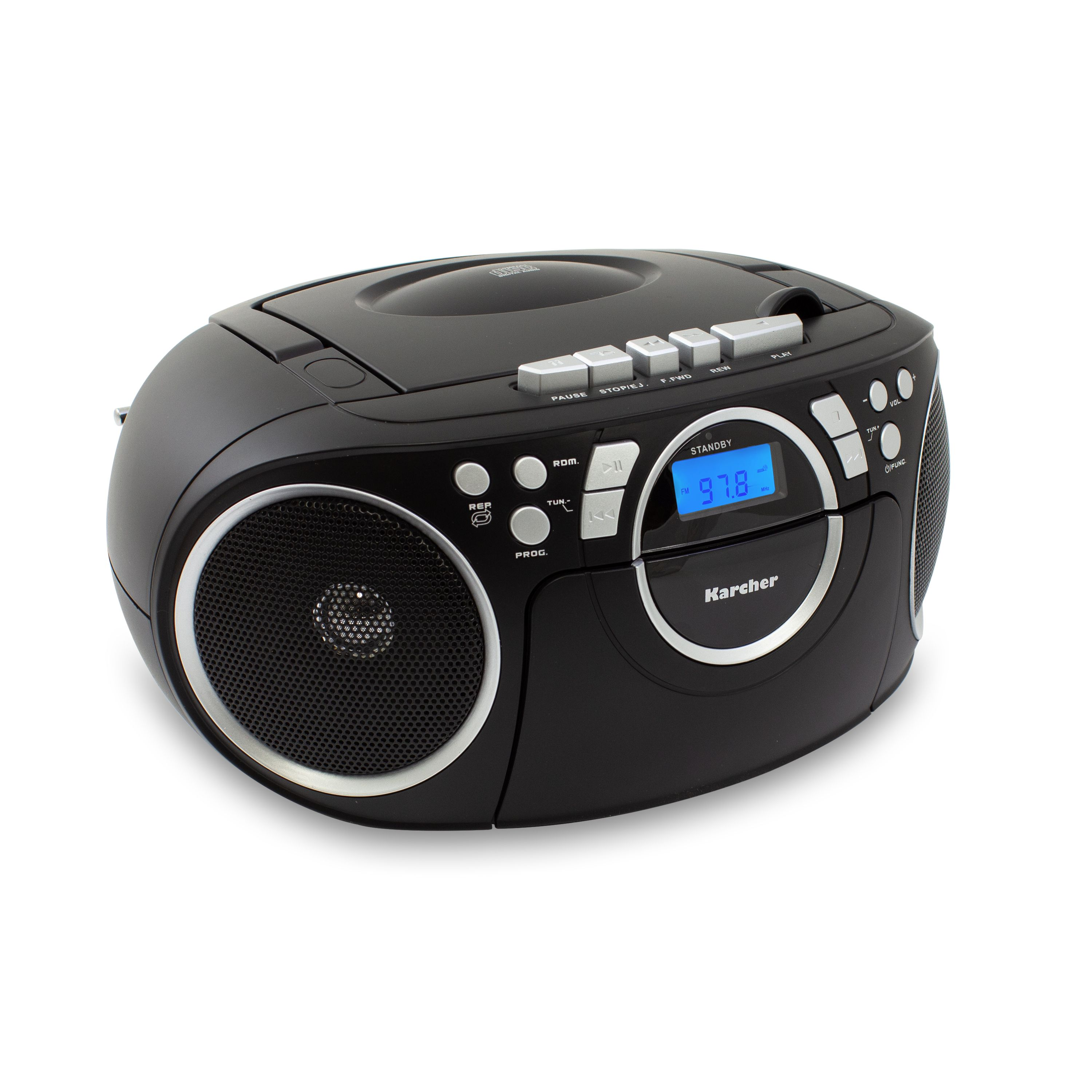 Schwarzer Karcher-Boombox mit CD-Player, digitalem Display und Lautsprechern auf weißem Hintergrund.