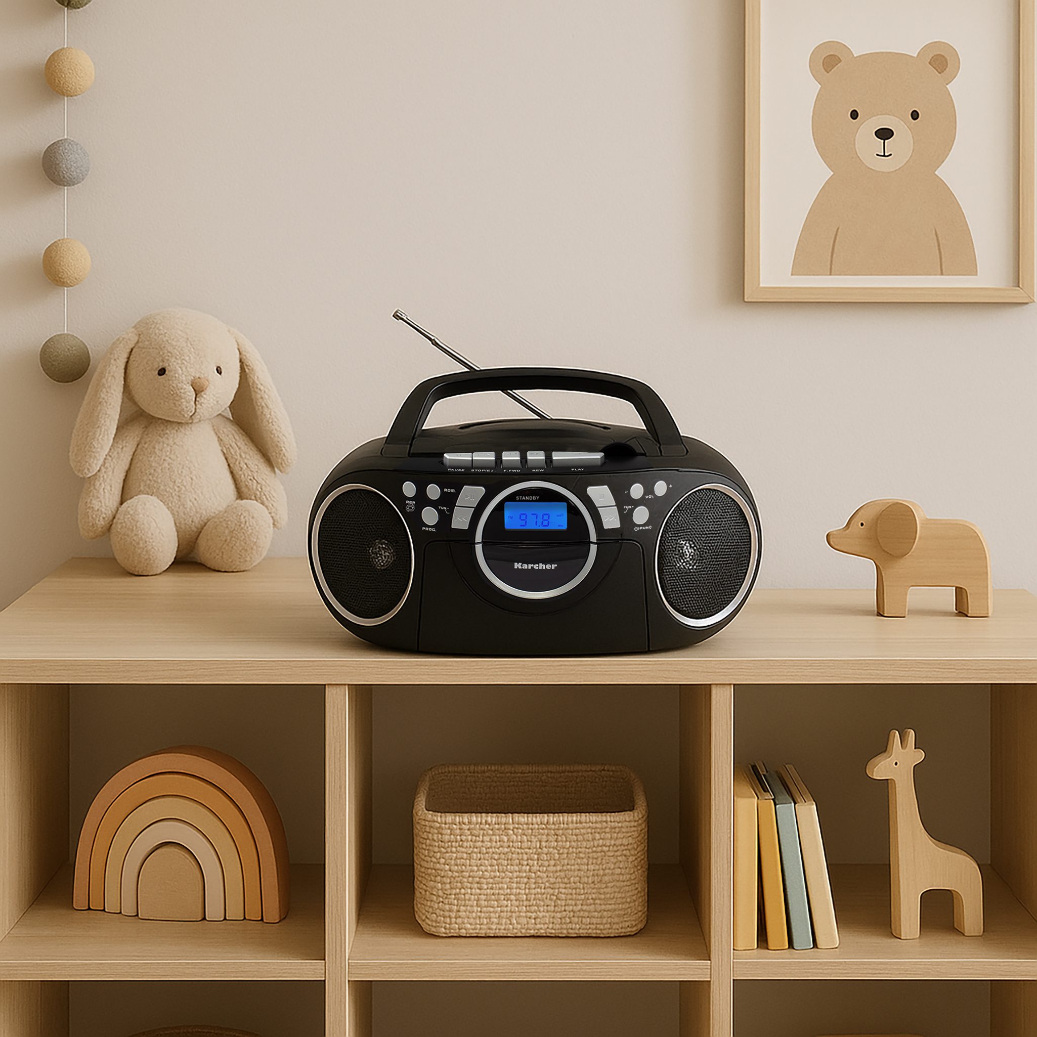 Ein schwarzes Radio auf einem Holztisch, umgeben von Plüschtieren, Holzspielzeug und einem Bärenbild an der Wand.