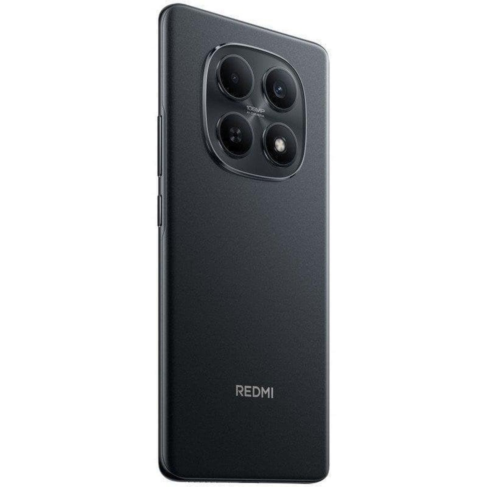 Rückseite eines schwarzen Redmi-Smartphones mit rechteckigem Kamera-Modul und vier Objektiven.