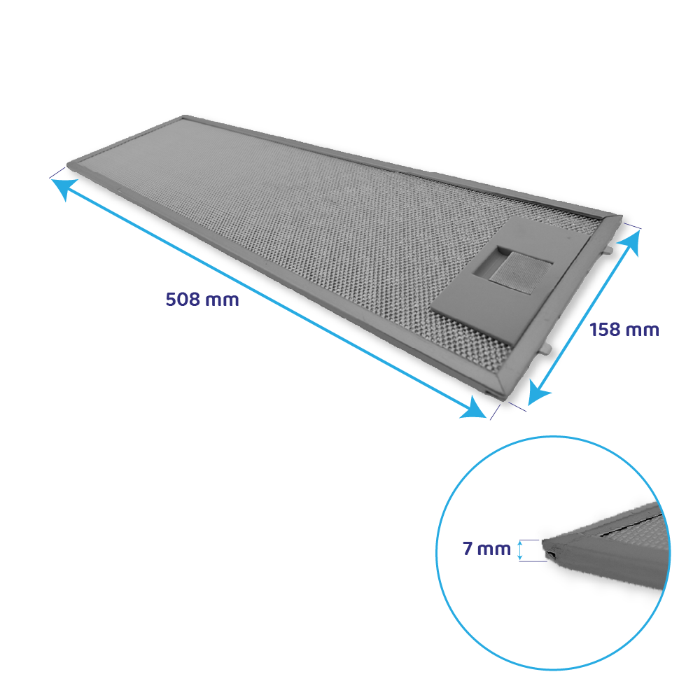 Ein rechteckiger grauer Fettfilter mit 508 mm Länge, 158 mm Breite und 7 mm Dicke.
