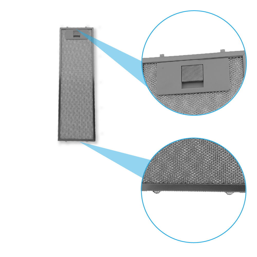 Langer, grauer Dunstabzugshaubenfilter mit zwei Nahaufnahmen von Griff und Mesh.