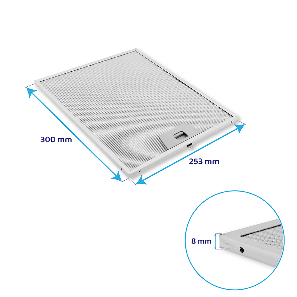 Silberner Dunstabzugshaubenfilter mit Maßen von 300x253x8 mm auf weißem Hintergrund.