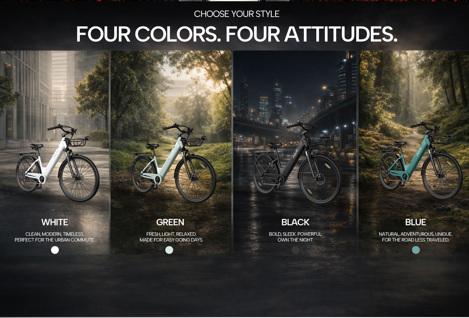 Cuatro e-bikes en blanco, verde, negro y azul presentadas en diferentes entornos.