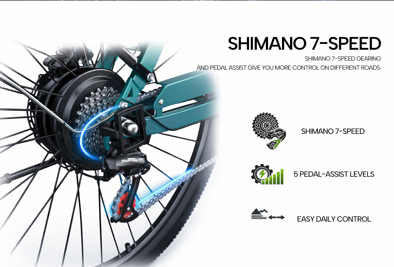Primer plano de un desviador trasero Shimano de 7 velocidades en una e-bike turquesa.