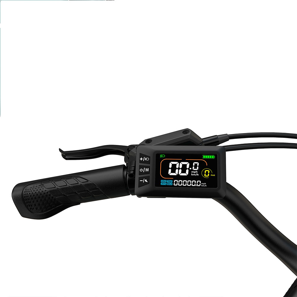 Manillar de bicicleta eléctrica con pantalla digital de velocidad, batería y botones.